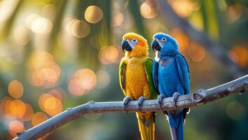 Colorful macaws perched on a branch against a blurred natural backdrop during golden hour photo