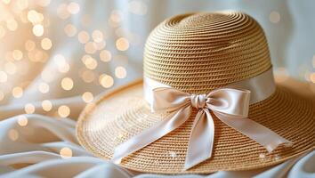 Elegant straw hat with ribbon resting on a soft white fabric background illuminated by soft lights photo