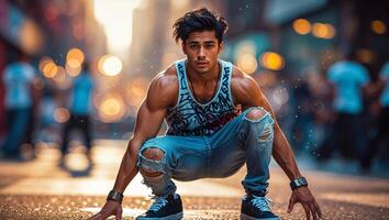 Young man performing dynamic poses in an urban environment during golden hour photo