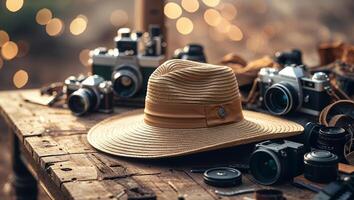 Vintage cameras and a sun hat displayed on a rustic wooden table with soft bokeh lights in the background photo