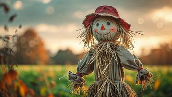 Scarecrow stands in a vibrant field at sunset, surrounded by autumn colors and soft light photo