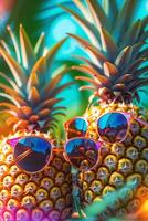 Sunglasses resting on pineapples surrounded by vibrant tropical foliage during midday sunlight photo