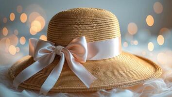 Elegant straw hat with satin ribbon resting on soft fabric against a backdrop of shimmering lights photo