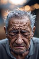Elderly man with weathered face expressing deep emotion in tranquil outdoor setting during golden hour photo