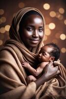 Joyful mother cradling her sleeping newborn against a warm, softly lit background photo