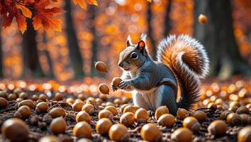 Squirrel foraging acorns in a vibrant autumn forest during the golden hour photo