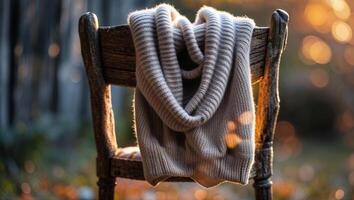 Cozy sweater draped over a rustic chair at sunset creating a warm and inviting atmosphere outdoors photo