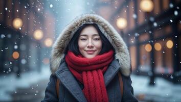 Smiling woman in warm coat and red scarf enjoying snowy day in urban setting with soft glowing lights photo
