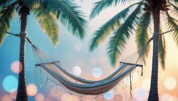 Relaxing hammock between palm trees on a calm evening with soft bokeh lights in the background photo