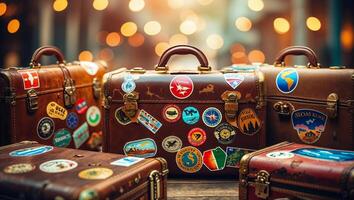 Vintage suitcases adorned with travel stickers create a nostalgic atmosphere in an evening market setting photo