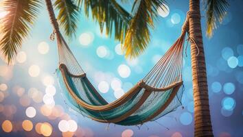 Hammock swaying gently between palm trees on a sunny day with a dreamy background of soft bokeh lights photo