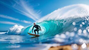 Surfer skillfully rides a powerful ocean wave on a sunny day at the beach with a clear blue sky and dynamic waves photo