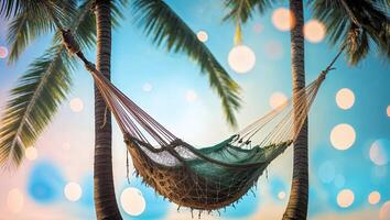 Relaxing hammock swaying between palm trees under a vibrant sky with bokeh effects during sunset photo