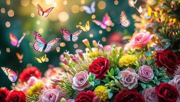 Colorful butterflies flutter around a vibrant flower garden during a sunny day in springtime photo