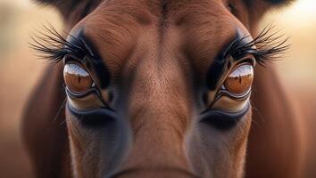 Close encounter with a cow showcasing its striking eyes and long eyelashes in a natural setting during golden hour photo