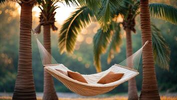 Cozy hammock strung between palm trees at sunset in a tropical paradise setting photo