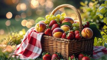 Colorful fruit basket filled with peaches, strawberries, and grapes in a sunlit garden setting during summer photo