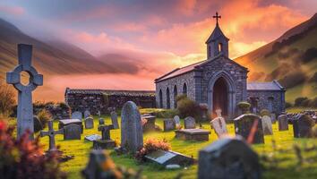 Scenic graveyard at dusk with an old church surrounded by mountains and mist in a tranquil setting photo