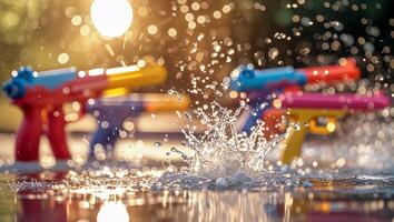 Colorful water guns create splashes in a sunlit backyard during a summer afternoon playtime session photo
