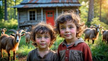 Two children standing in front of a rustic cabin with goats grazing in a lush green field during the golden hour photo