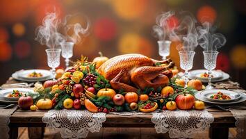 Thanksgiving feast featuring a roasted turkey surrounded by autumn fruits and decorations on a beautifully set dining table photo