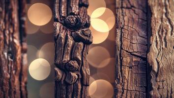 Natural textures of aged wood displayed in soft bokeh lighting creating a warm, inviting atmosphere in an indoor setting photo