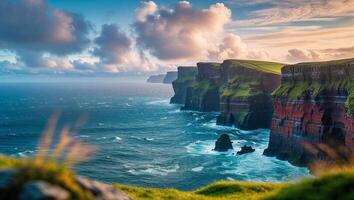 Stunning cliffs and ocean view under a vibrant sky at sunset in a coastal location photo