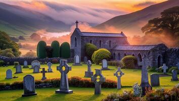 Serene graveyard at dawn showcasing ancient tombstones and a historical chapel surrounded by misty mountains photo