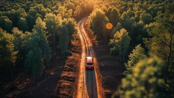 Scenic drive through dense forest at sunset showcasing nature's vibrant colors and tranquil path photo
