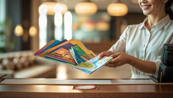 Smiling hotel staff member presents colorful postcards to guest at a welcoming reception desk in a modern lobby setting photo