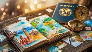 Travel planning with a colorful map, compass, passport, and postcards on a rustic wooden table photo
