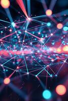 Digital network visualization with connected nodes during nighttime photo