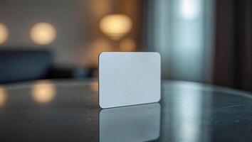 Blank card placed on a reflective table in a softly lit indoor space during evening hours photo