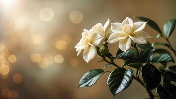 Beautiful gardenias blooming against a soft background with warm bokeh lighting in the evening photo