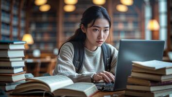 Focused student studies in a library surrounded by books during afternoon hours photo