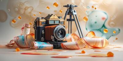 Vintage camera surrounded by film reels and colorful drops on a textured surface in a creative setting photo