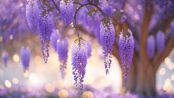 Purple wisteria blossoms hang elegantly from trees under soft sunlight in a tranquil garden setting photo