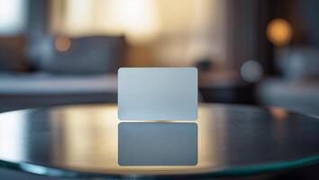 Blank card on reflective surface with soft light illuminating a modern interior space photo