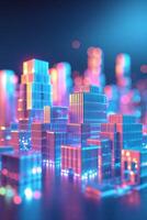 Colorful abstract cityscape illuminated with vibrant lights at night creating a futuristic atmosphere photo