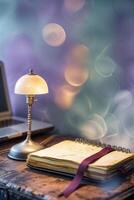 Cozy workspace features a vintage lamp, an open notebook, and a laptop with a soft bokeh background in the evening light photo