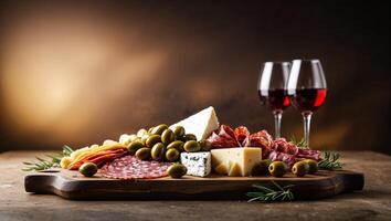 Elegant cheese and charcuterie platter paired with red wine in a dimly lit setting photo