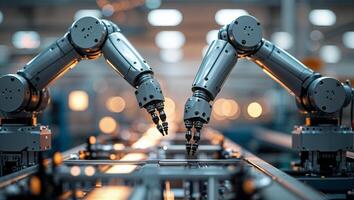 Robotics in action showcasing automated arms assembling components in a factory setting during daytime operations photo