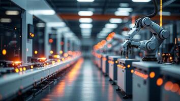 Industrial automation in a modern factory showcasing robotic arms performing precise tasks on the assembly line photo