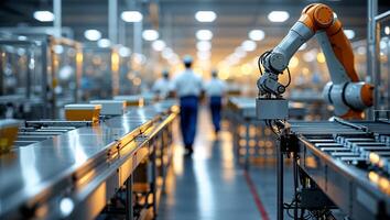 Automated robotic arms perform assembly tasks in a modern manufacturing facility at night photo