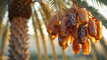Sunlit dates hanging from palm tree branches in a serene orchard during the late afternoon photo