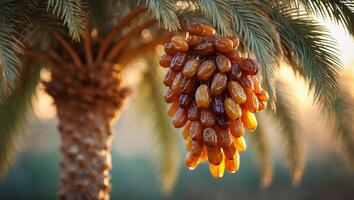 Fresh dates hanging from a palm tree at sunset in a desert landscape creating a warm, inviting atmosphere photo