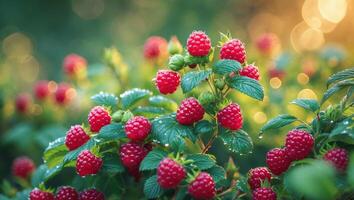 Lush raspberry bushes adorned with droplets of water in a vibrant garden at sunrise photo