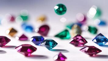 Colorful gems scattered on a surface, capturing light and creating reflections during a bright afternoon photo