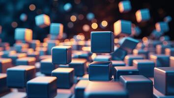 Abstract visualization of floating cubes in a vibrant digital environment during nighttime illumination photo