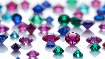 Sparkling treasures in a vibrant display of colorful gemstones arranged on a reflective surface photo